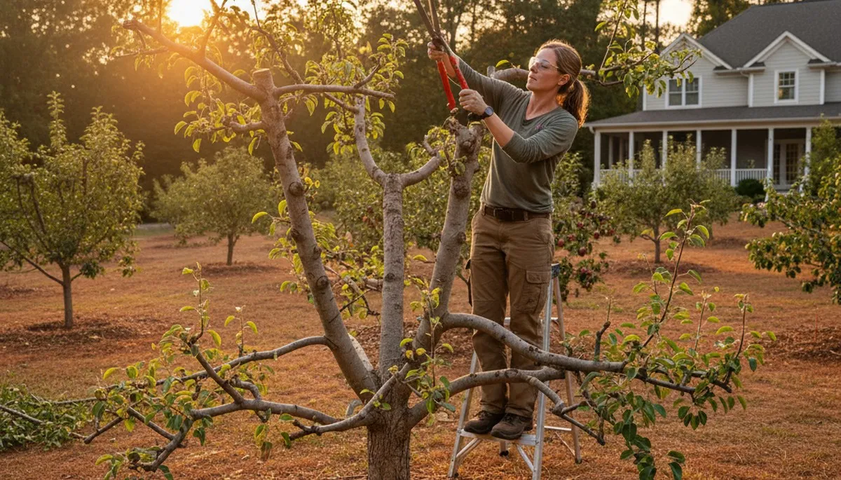 Arborist pruning fruit tree for healthy growth in Albany, GA backyard orchard | Chop Chop Tree