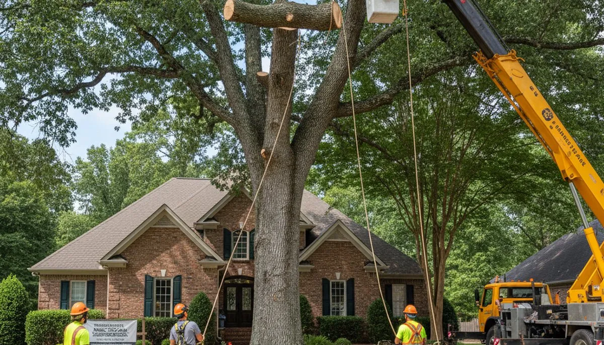 Professional arborists performing large tree removal in Baconton, GA near Albany using bucket trucks