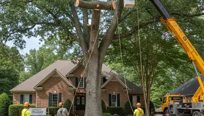 Professional arborists performing large tree removal in Baconton, GA near Albany using bucket trucks