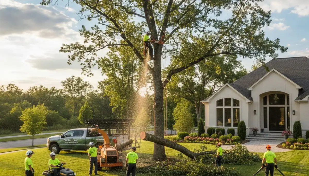 Professional lawn and tree service crew maintaining residential yard in Albany, GA