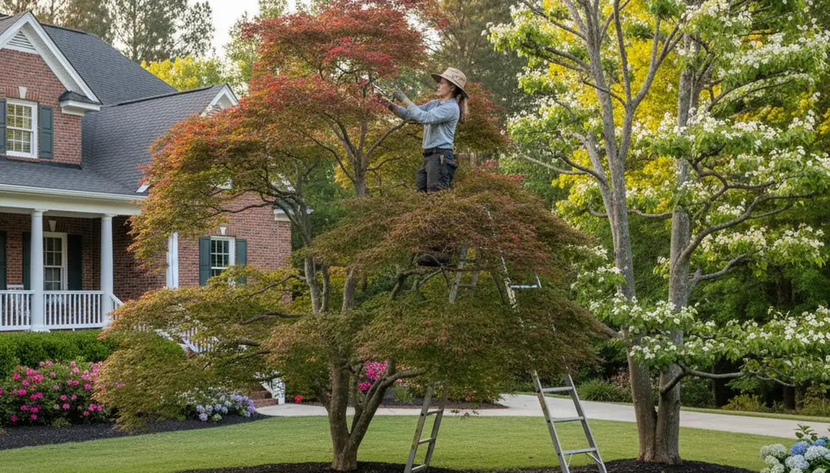 Arborist performing detailed ornamental tree pruning at a residential property in Albany, GA
