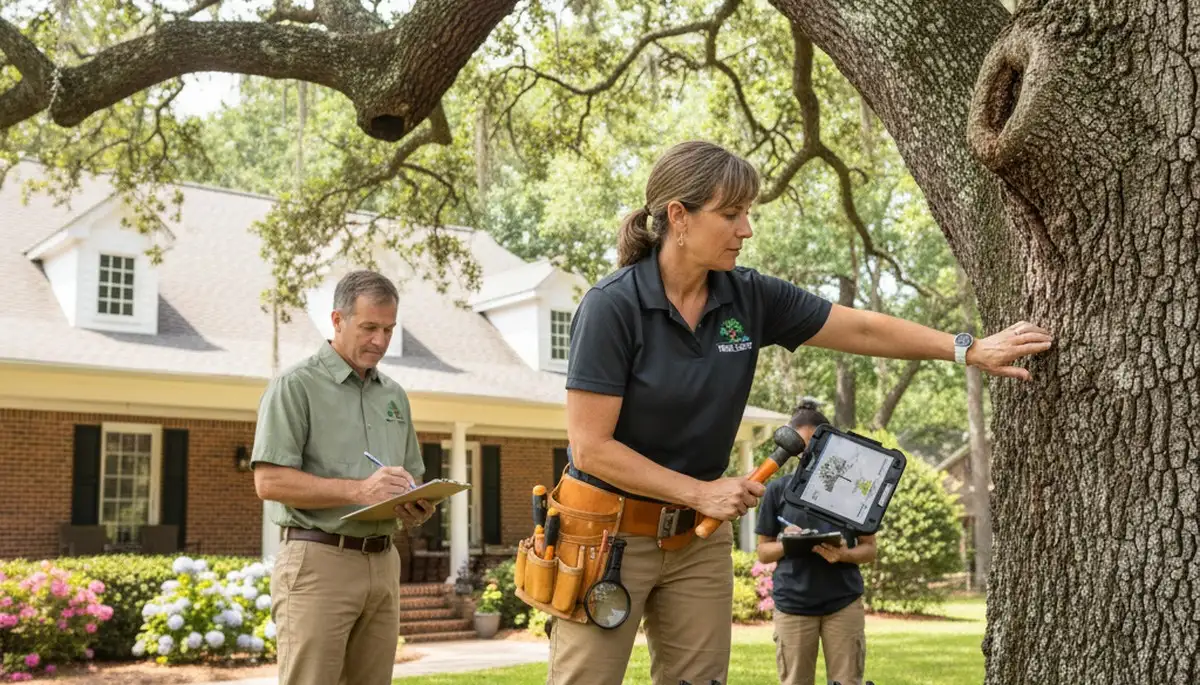 Certified arborist performing tree health assessment for homeowners in Baconton near Albany, GA