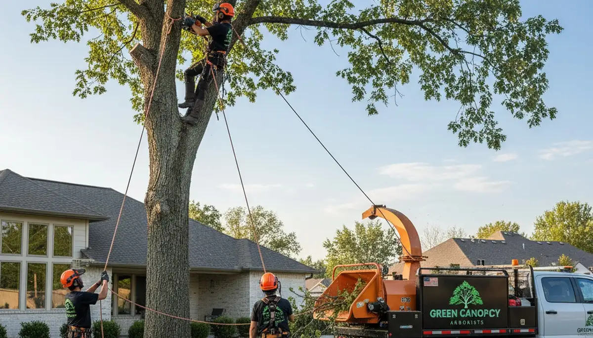 Professional tree removal crew cutting a large oak tree in Albany, GA for Chop Chop Tree service