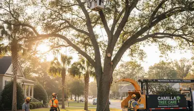 Professional tree removal service in Albany GA safely cutting and clearing large oak tree