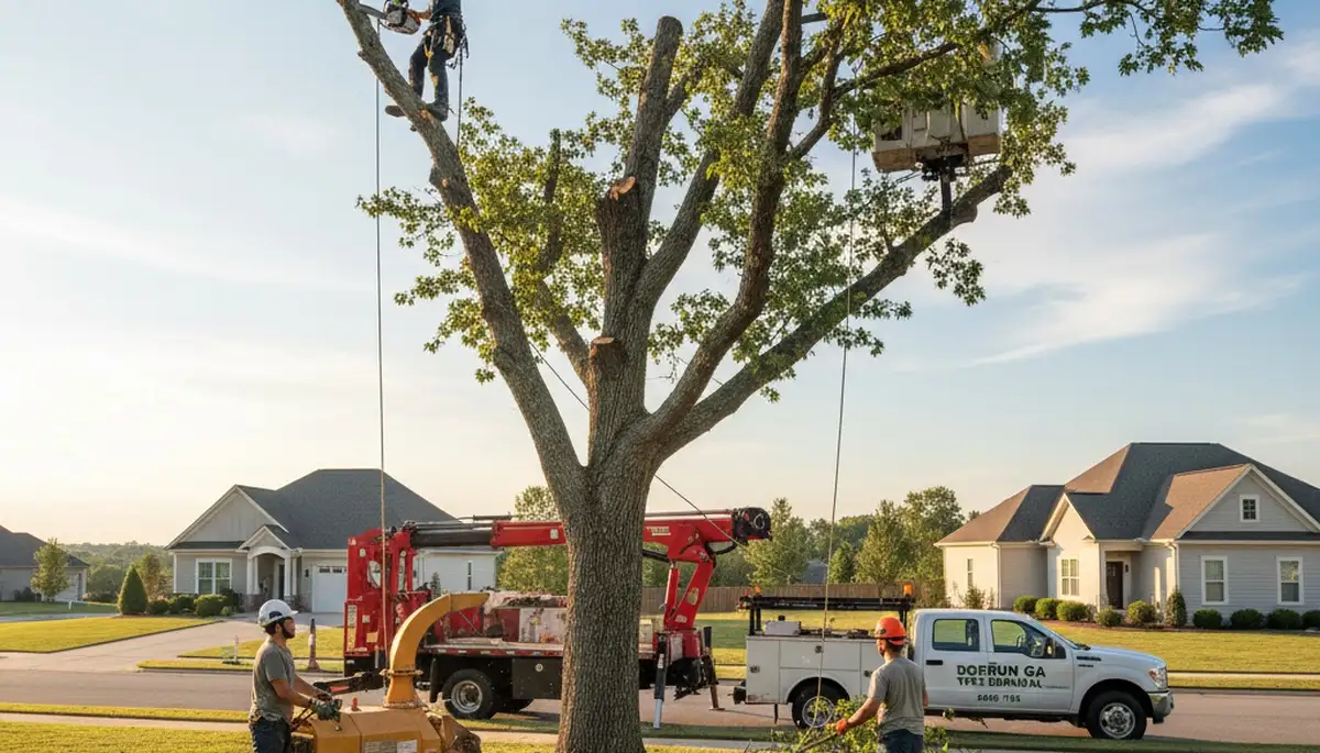 Professional tree removal service in Albany GA safely cutting and clearing large oak tree