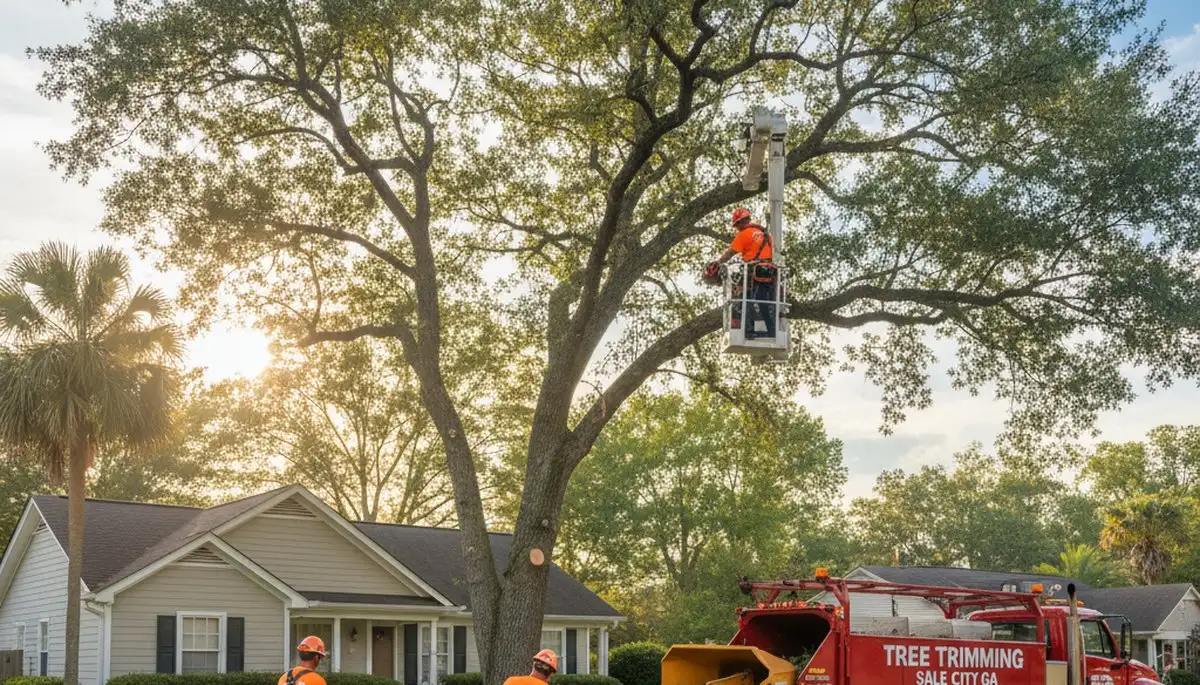 Professional tree removal service team in Albany GA clearing large oak tree safely